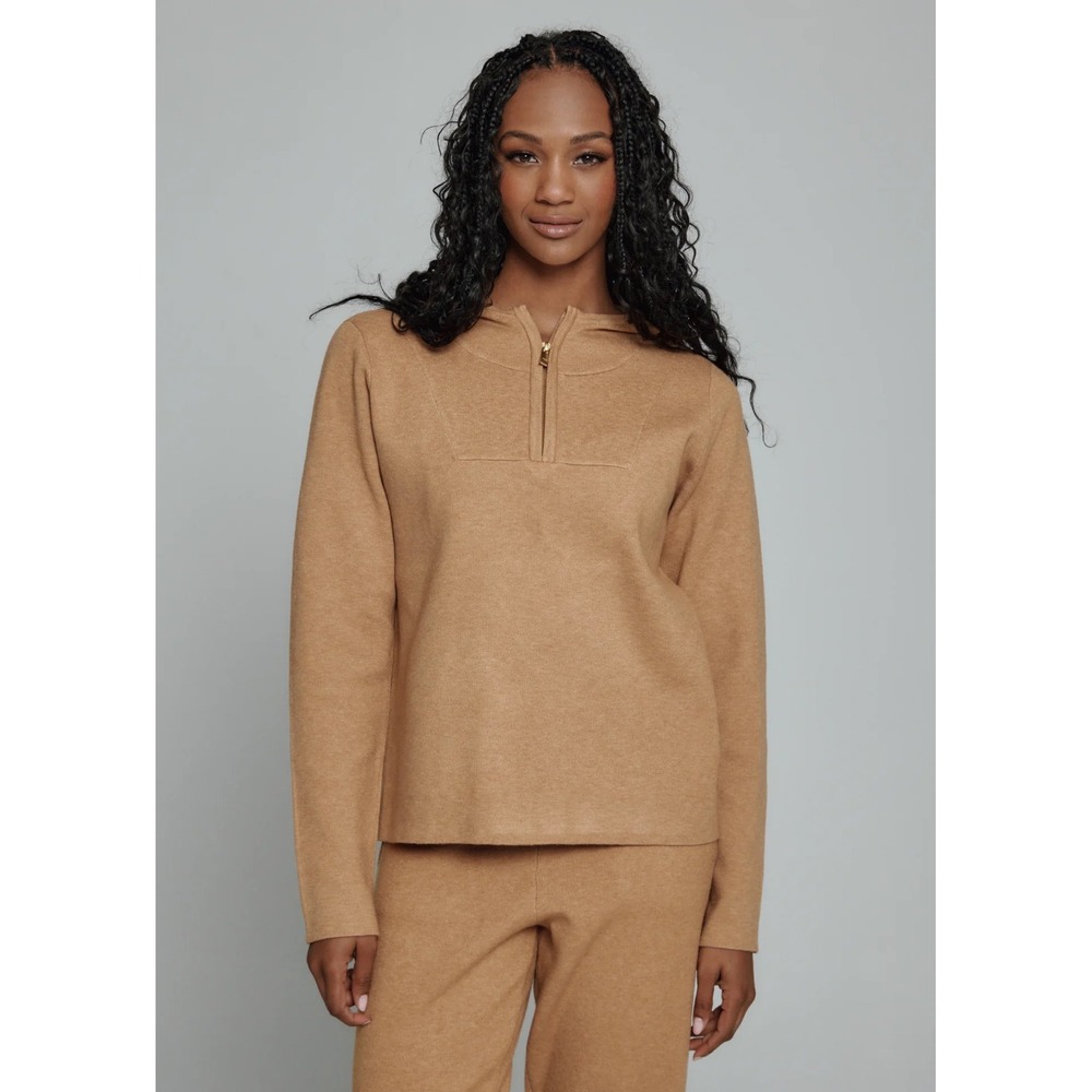 7Diamonds Zoe Half-Zip Hoodie Womens Camel Tan Brown Knit Sweater WPV-6002 Small